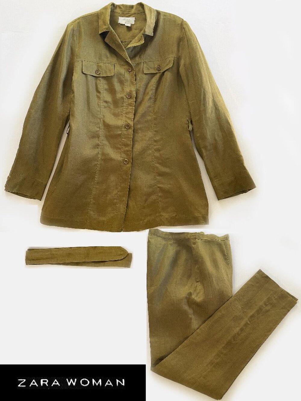 Vintage Zara Woman 100% Ramie Safari Jacket & Slim Leg Pants Suit Set Size 8